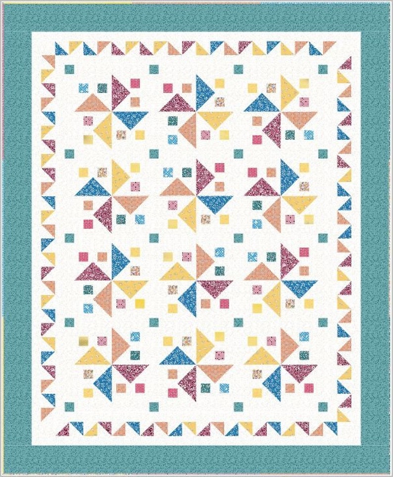 This Skip to My Lou Quilt Pattern shows happy pinwheels dancing in a square.