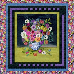May include: A colourful floral quilt with a central image of a bouquet in a blue and white vase. The bouquet features pink, orange, yellow, and purple flowers. The quilt has a floral border and geometric inner borders in blue, purple, and black.