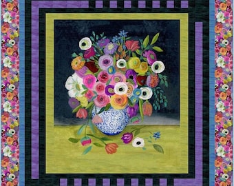 Floral Vase Throw Quilt Pattern – Bright QT Fabrics, Bold Borders (Digital Pattern)