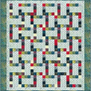 May include: A colorful quilt with a geometric design. The quilt features a light blue background with a repeating pattern of squares in red, black, yellow, and blue. The border is a darker teal with a floral pattern.