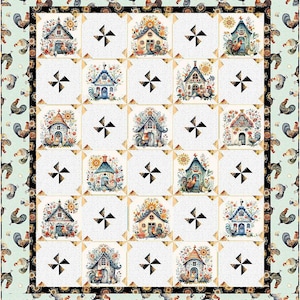 May include: A white quilt with a repeating pattern of colourful houses, pinwheels, and roosters. The houses are surrounded by flowers and the pinwheels are black. The quilt is bordered with a blue and white pattern of roosters.