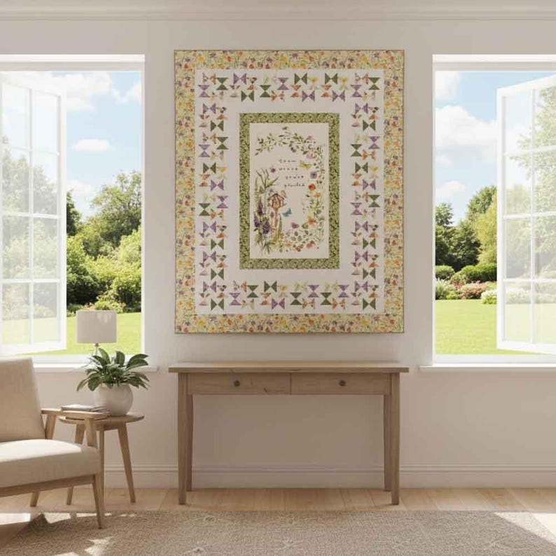 Pode incluir: Uma colcha de parede retangular com um painel central apresentando uma ilustra&ccedil;&atilde;o de coroa de flores e borboletas, rodeada por uma borda verde e uma moldura externa de pequenos la&ccedil;os multicoloridos sobre fundo branco com borda floral amarela.