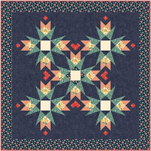 Könnte beinhalten: Eine Steppdecke mit einem marineblauen Hintergrund und einem sich wiederholenden Muster von Sternen in einem Farbschema aus Creme, Grün und Pfirsich. Die Steppdecke hat einen Rand aus rotem und grünem Blumendruck.