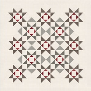 May include: A geometric pattern quilt with a white background, featuring a repeating design of red and gray triangles and squares. The quilt is made up of a series of stars, each with a red square in the center.