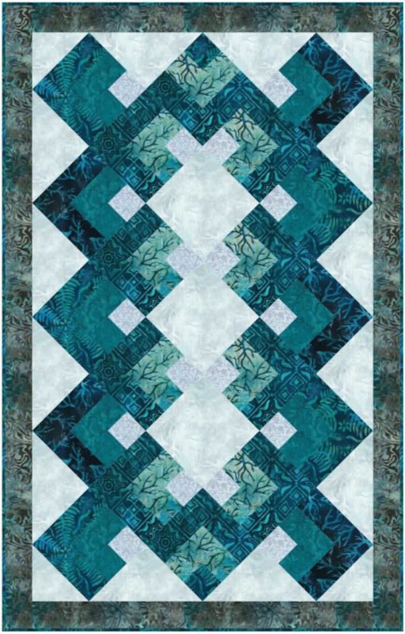 May include: A quilt pattern with a white background and a repeating pattern of teal blue diamonds. The diamonds are made up of smaller teal blue squares with a white background.