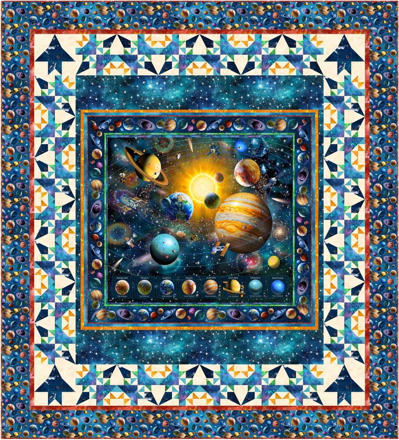 Mary's Violet Eyes Quilt Pattern uses a celestial panel in the center.