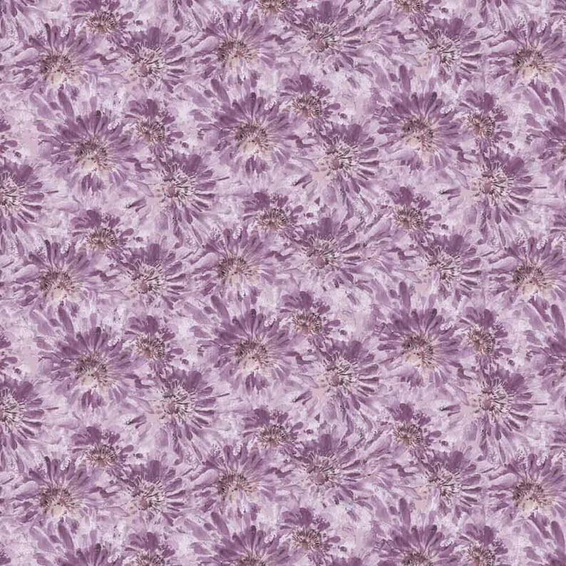 Pode incluir: Um padr&atilde;o de tecido com um design floral denso e repetitivo em v&aacute;rios tons de roxo e lavanda. As flores t&ecirc;m in&uacute;meras p&eacute;talas finas e pontiagudas que irradiam de um ponto central, criando uma apar&ecirc;ncia texturizada e em camadas na superf&iacute;cie.