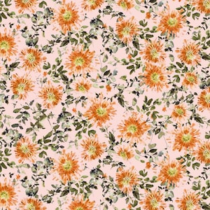 Pode incluir: Um padr&atilde;o repetitivo com flores de cris&acirc;ntemo laranja com centros amarelos e folhagem verde-escura sobre um fundo rosa claro s&oacute;lido. O design floral apresenta uma est&eacute;tica de aguarela com pinceladas vis&iacute;veis e texturas variadas.