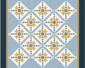 Cheddarfield Star Quilt Pattern - Modern Geometric Lap Quilt Pattern in Blue and Gold - Intermediate Level - 83" Square - PDF Pattern
