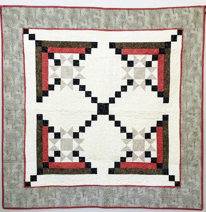 This Appian Way Quilt Pattern is a variation on a log cabin block that uses an Ohio Star Quilt Block in the center.