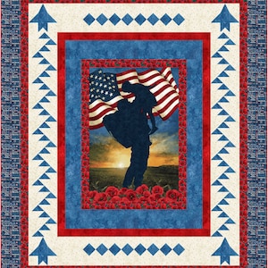 May include: A patriotic quilt design featuring a silhouette of a soldier carrying a child against a backdrop of a waving American flag and red poppies. The quilt is framed with a blue and white border.