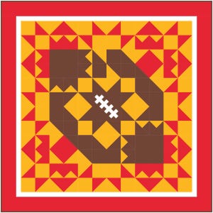 May include: A brown and white football design quilt block with a red and yellow background. The football is made of brown and white triangles.