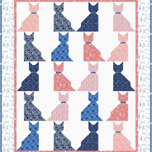 May include: A patchwork quilt featuring a repeating pattern of stylized cat silhouettes. The cats are in shades of blue and pink, with patterned fabrics. The quilt has a white background and a patterned border with cat motifs.