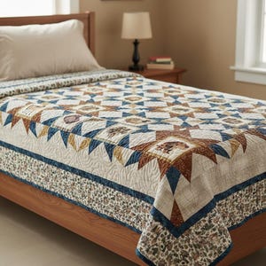 May include: A quilted bedspread with a star pattern in shades of brown, blue, and cream. The quilt features a floral border and is draped over a wooden bed frame. The room has a neutral color palette with a lamp and side table.