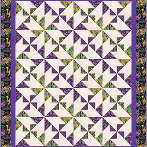 May include: A quilt with a purple, green, and gold pattern. The quilt is made up of squares with a pinwheel design in the center. The border of the quilt is a black and gold pattern with masks and musical instruments.