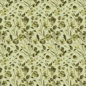 Pode incluir: Um padr&atilde;o t&ecirc;xtil repetitivo com um fundo verde s&aacute;lvia claro e ilustra&ccedil;&otilde;es bot&acirc;nicas em verde oliva escuro de flores silvestres, caules delicados e pequenas folhas dispostas num design floral denso e cont&iacute;nuo em toda a superf&iacute;cie.