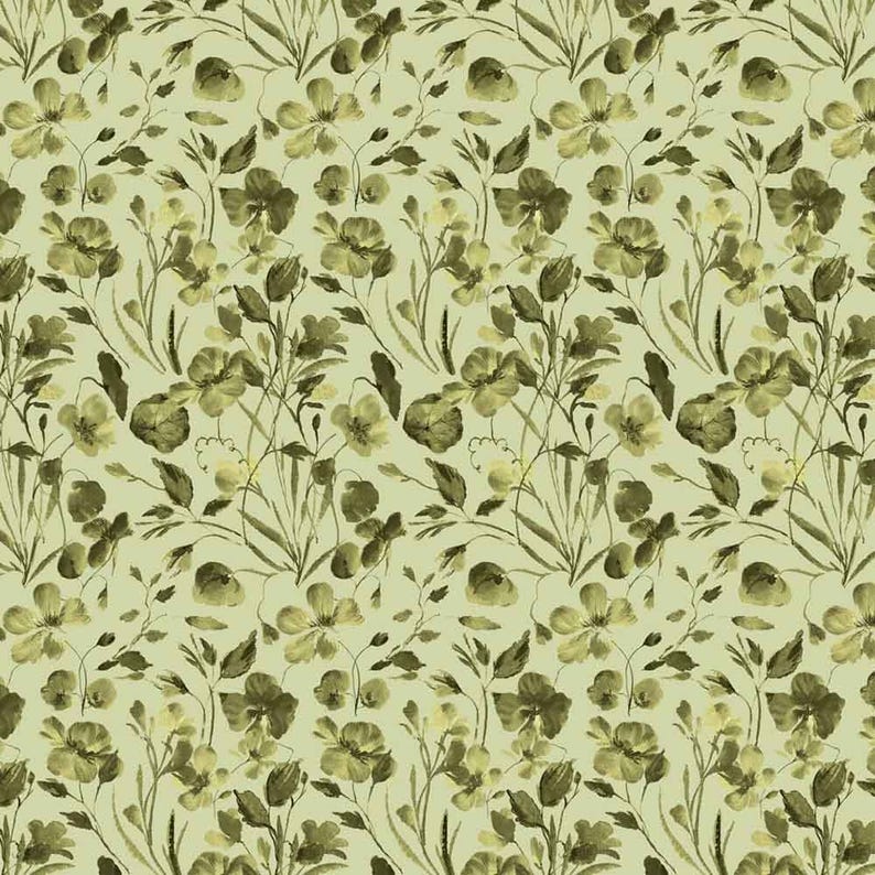 Pode incluir: Um padr&atilde;o t&ecirc;xtil repetitivo com um fundo verde s&aacute;lvia claro e ilustra&ccedil;&otilde;es bot&acirc;nicas em verde oliva escuro de flores silvestres, caules delicados e pequenas folhas dispostas num design floral denso e cont&iacute;nuo em toda a superf&iacute;cie.