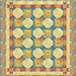 May include: A square quilt with a bee theme. The quilt features a repeating pattern of yellow honeycomb shapes and squares with bee illustrations. The border has a floral pattern with shades of orange, yellow, and blue. The quilt is a mix of geometric and nature-inspired designs.