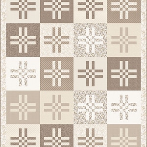 May include: A quilt featuring a grid of sixteen square blocks, each displaying a cross pattern formed by smaller squares. The design uses a neutral color palette of beige, cream, and taupe, with various subtle floral and dotted fabric prints.
