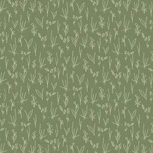 Pode incluir: Um tecido verde-s&aacute;lvia com um padr&atilde;o repetitivo de desenhos de linhas delicadas em branco sujo de v&aacute;rias flores silvestres, caules e folhas. As ilustra&ccedil;&otilde;es bot&acirc;nicas s&atilde;o apresentadas num estilo simples de linhas finas em toda a superf&iacute;cie.