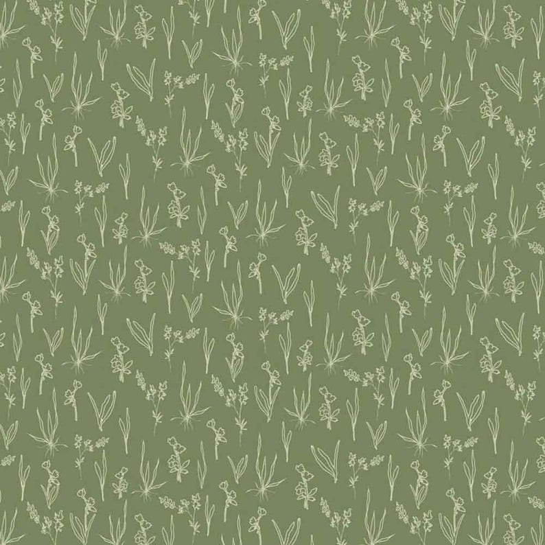 Pode incluir: Um tecido verde-s&aacute;lvia com um padr&atilde;o repetitivo de desenhos de linhas delicadas em branco sujo de v&aacute;rias flores silvestres, caules e folhas. As ilustra&ccedil;&otilde;es bot&acirc;nicas s&atilde;o apresentadas num estilo simples de linhas finas em toda a superf&iacute;cie.
