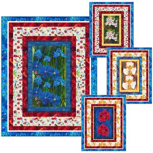 May include: A collection of floral quilts featuring vibrant blue, red, and white patterns. The quilts showcase detailed flower paintings within decorative borders, creating a visually striking display. The largest quilt measures approximately 60 inches by 40 inches.