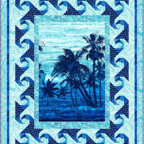 Ocean Breeze Quilt Pattern uses palm tree panel from Palm Beach by Northcott (digital pattern)