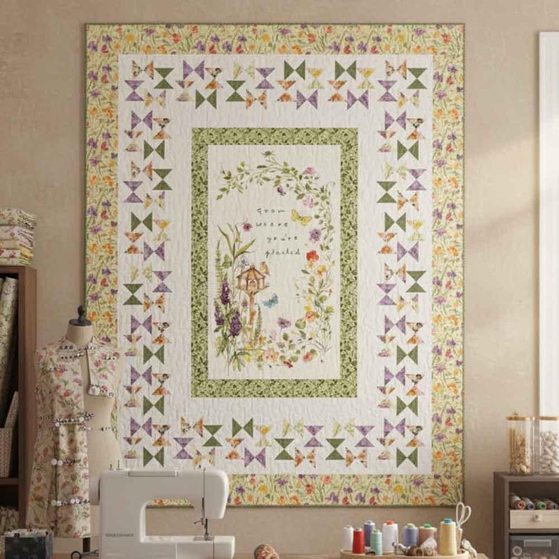 Butterfly Garden Quilt Kit with Grow Where You Are Planted Panel 67" x 85". imagem 1