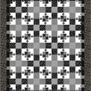 May include: A black, white, and gray quilt with a checkerboard pattern. The quilt features alternating squares of solid colors and patterned fabric. The border is a dark color with a small floral design.
