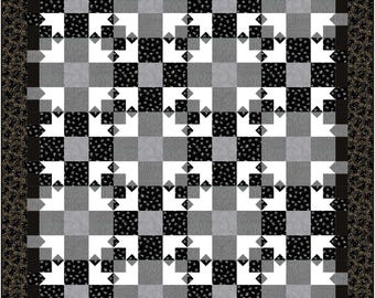 Dark Shadows Quilt Pattern - Throw Size - Black and White Patchwork - Confident Beginner Digital Pattern