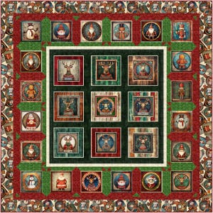Peut inclure: Une courtepointe sur le thème de Noël avec un motif répété de personnages festifs et de rennes. La courtepointe présente une grille centrale d'images encadrées, dont le Père Noël, des bonhommes de neige et des rennes, sur un fond vert et rouge. La bordure est ornée de motifs de vacances complémentaires.