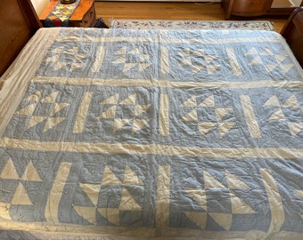 c. 1900 Lt Blue and White Anvil Tied Quilt, fair condition, about 81" square