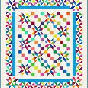 May include: A colourful quilt with a geometric pattern of squares and triangles. The quilt is framed with a blue border and a white background.