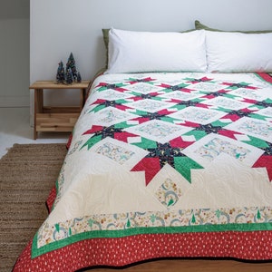 Happy Holidays Throw Quilt Pattern - good size for Christmas Gift giving with red, white and green fabric. Digital Downloadable PDF Pattern