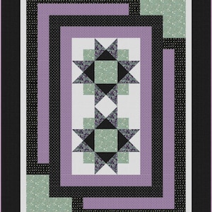 May include: A quilt block with a black, green, and purple geometric design. The block features a star shape with a smaller square in the center. The background is white.