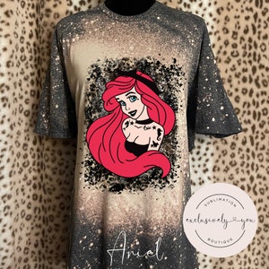 Alice, Merida, Anna, Elsa, Mulan, Pocahontas, Rapunzel, Ariel, Aurora, Belle, Cinderella, Jasmine, Snow White, Tiana splatter bleach t shirt