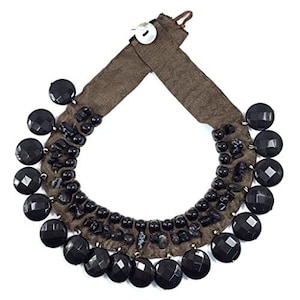 Afghan-Turkoman Traditional Wedding Party semi precious Black Carnelian stones with Needle Hand Crafted workmanship on silk Fabric Necklace.
