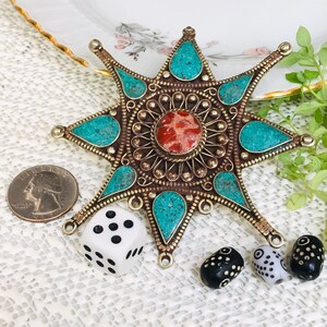 Afghan Turkoman Trditional Wedding Party Belly Dance con İnlay Coral & Turquoise Stone Hand-e-Crafted Tribal Ethnic Vintage Pendant. #7