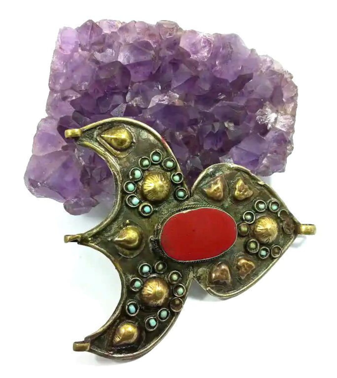 Pendentif Tribal Afghan Kuchi En Métal Argenté Avec Verre - Bijou Ancien Milieu 20e Siècle - Occasion