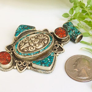 Afghan Turkoman Trditional Wedding Party Belly Dance con İnlay Coral & Turquoise Stone Hand-e-Crafted Tribal Ethnic Vintage Pendant. #47