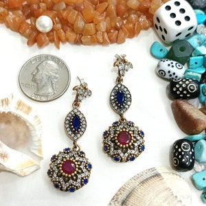 Turkish Authentic Traditional Wedding Party with Ruby & Zircon Stone Vintage Ottoman Design Silver with Bronze Hurrem Sultan Earrings