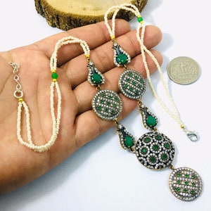 Turkish Authentic Ottoman Design Hurrem Sultan wedding Belly Dnace Silver with Bronze Mother-of-Pearl & Emerald with Zircone Stones Necklace