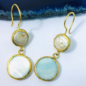 Turkish Authentic Traditional wedding Party Belly Dance with Mother-of-Pearl Stone 22k Goldwash Ethnic Tribal Earrings.