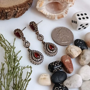 Turkish Authentic Traditional Wedding Party Ruby and Zircon Stone Vintage Ottoman Design Silver with Bronze Vintage Earrings.#3