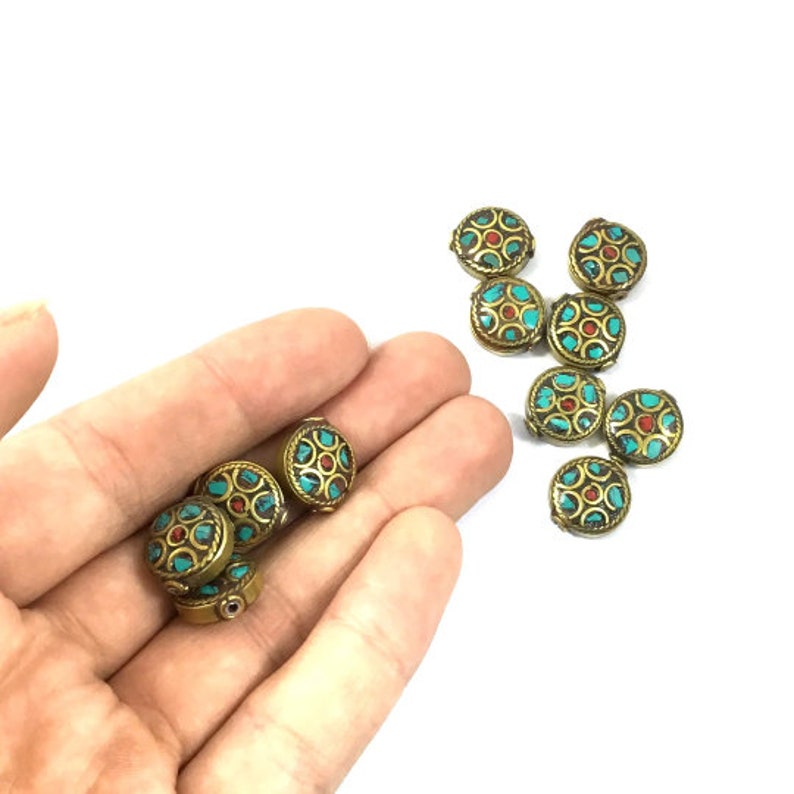 6 PCS 16x6mm Handmade Nepalese Artisan Turquoise Coral Brass Spacer NP045X6 