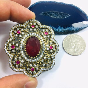 Turkish Authentic Traditional Ethnic Tribal Belly Dance with Ruby & Zircon Stone Hande-Craft Vintage Old Turkish Ottoman Design Pendant.