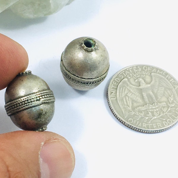 2 Pcs Turkoman Silver Beads Ethnic Tribal Hand Made Beads Silver wir Costuming Designing Beads Loose Beads Turkoman Jewelry 15x10mm Beads.