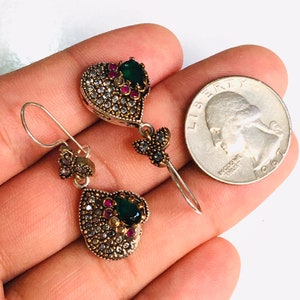 Turkish Authentic Traditional Wedding Party Ruby and Emerald & Zircon Stone Vintage Ottoman Design Silver with Bronze Vintage Earrings.#100