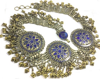 Afghanische Kuchi Traditionelle Hochzeit Party Bauchtanz Handgefertigt Alpaka mit Quasten Lapis Lazuli Enemald & Verschiedene Perlen Vintage alter Gürtel.