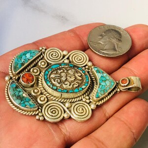 Afghan Turkoman Trditional Wedding Party Belly Dance con İnlay Coral & Turquoise Stone Hand-e-Crafted Tribal Ethnic Vintage Pendant. #16